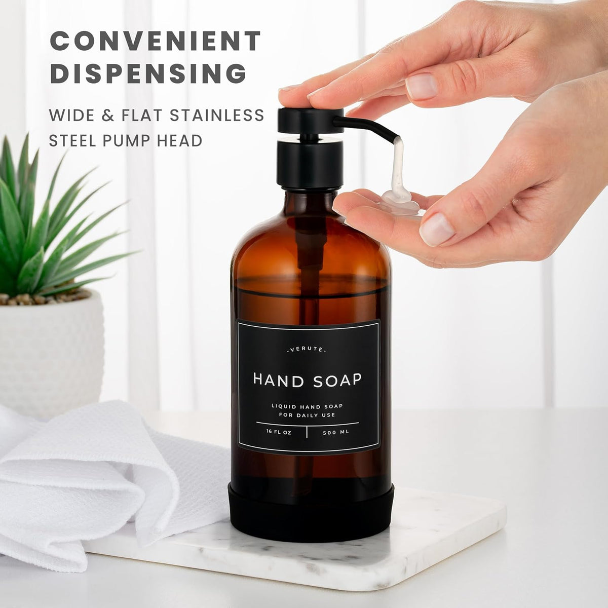 16oz Glass Soap Dispenser with Stainless Steel Pump, 21 Waterproof Labels, Non-Slip Protective