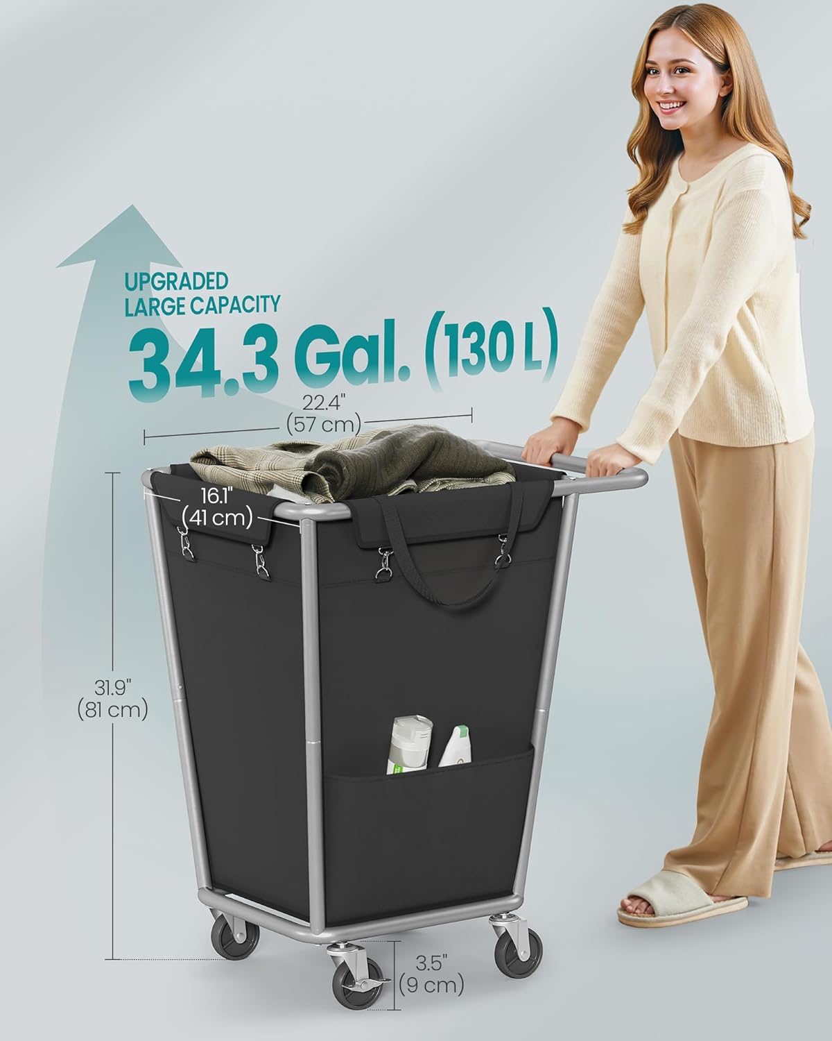SONGMICS Laundry Basket with Wheels, 34.3 Gallons (130 L) Rolling Laundry Hamper with Removable