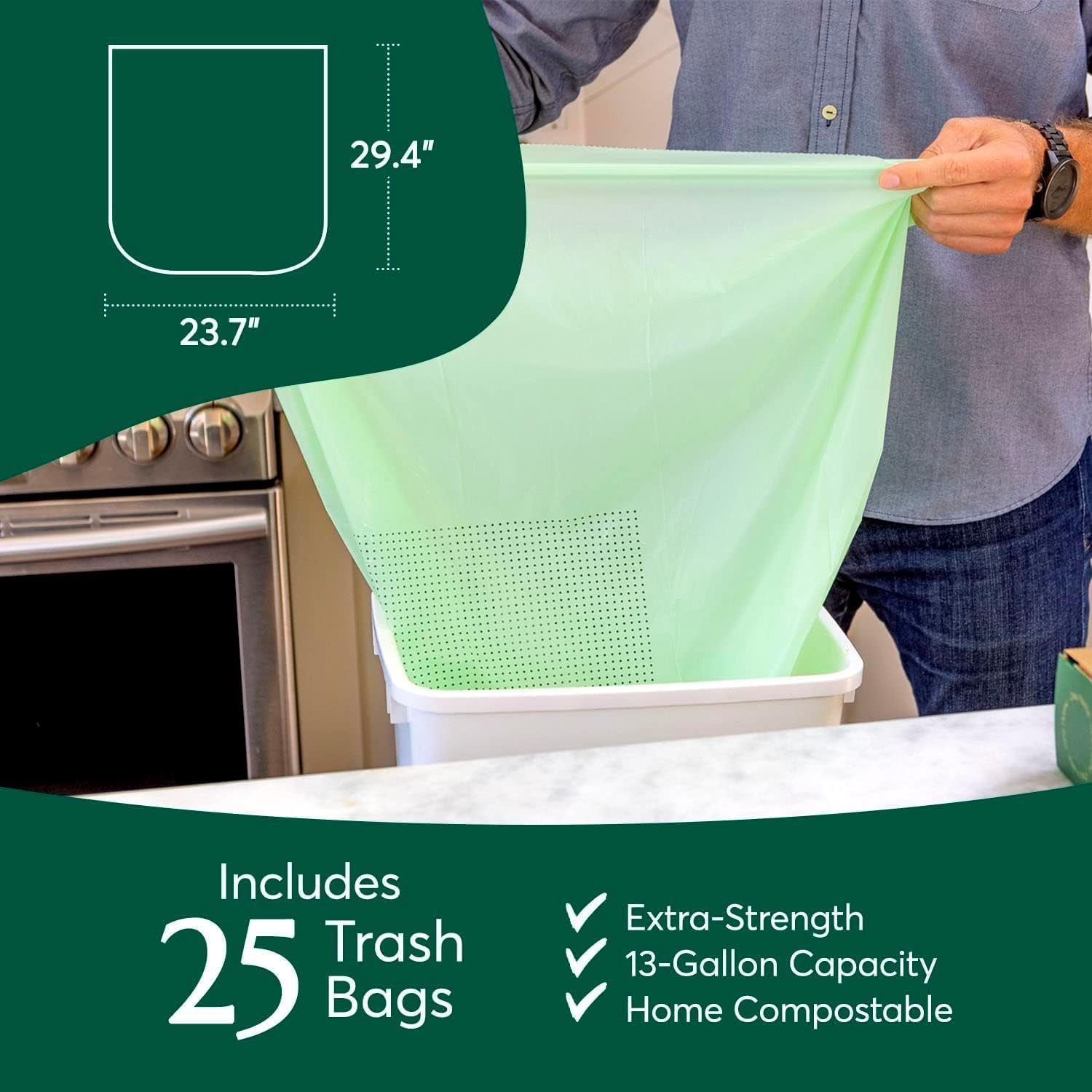 Cleanomic Compostable* 13 Gallon Trash Bags with Drawstring (3 Pack, 75 Count), BPI Certified For