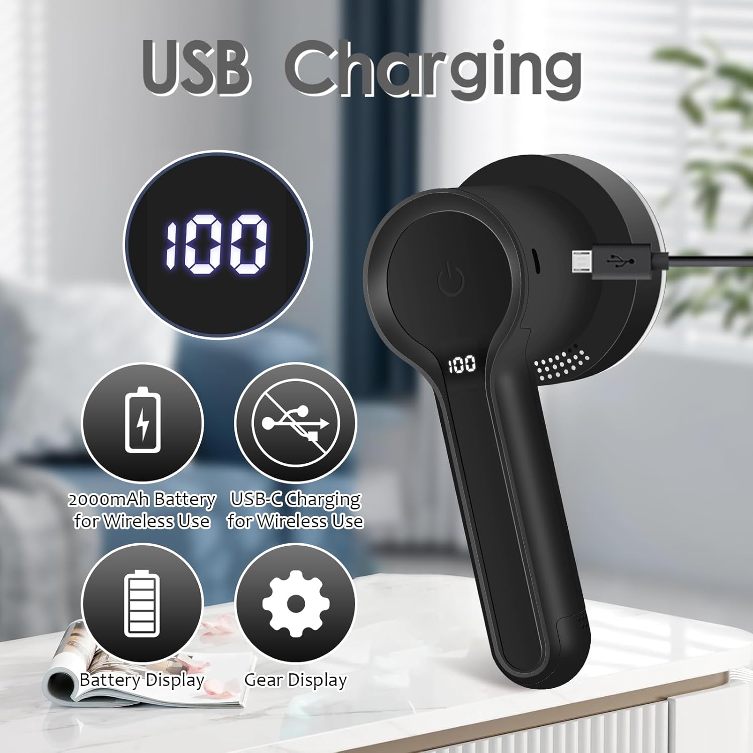 SUPER LINT Electric Fabric Shaver Electrostatic Brush, LED Display, 3-Speeds, Rechargeable Sweater
