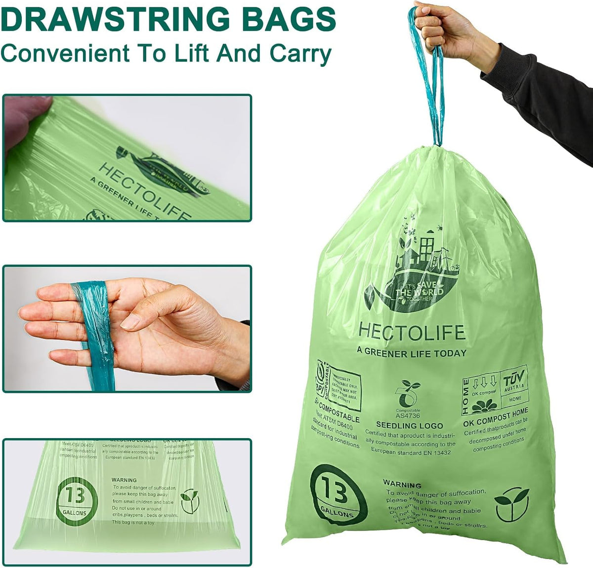 13 Gallon,200 Count, Compostable Trash Bags with Drawstring,Tear Resistant Kitchen Food Scrap Waste