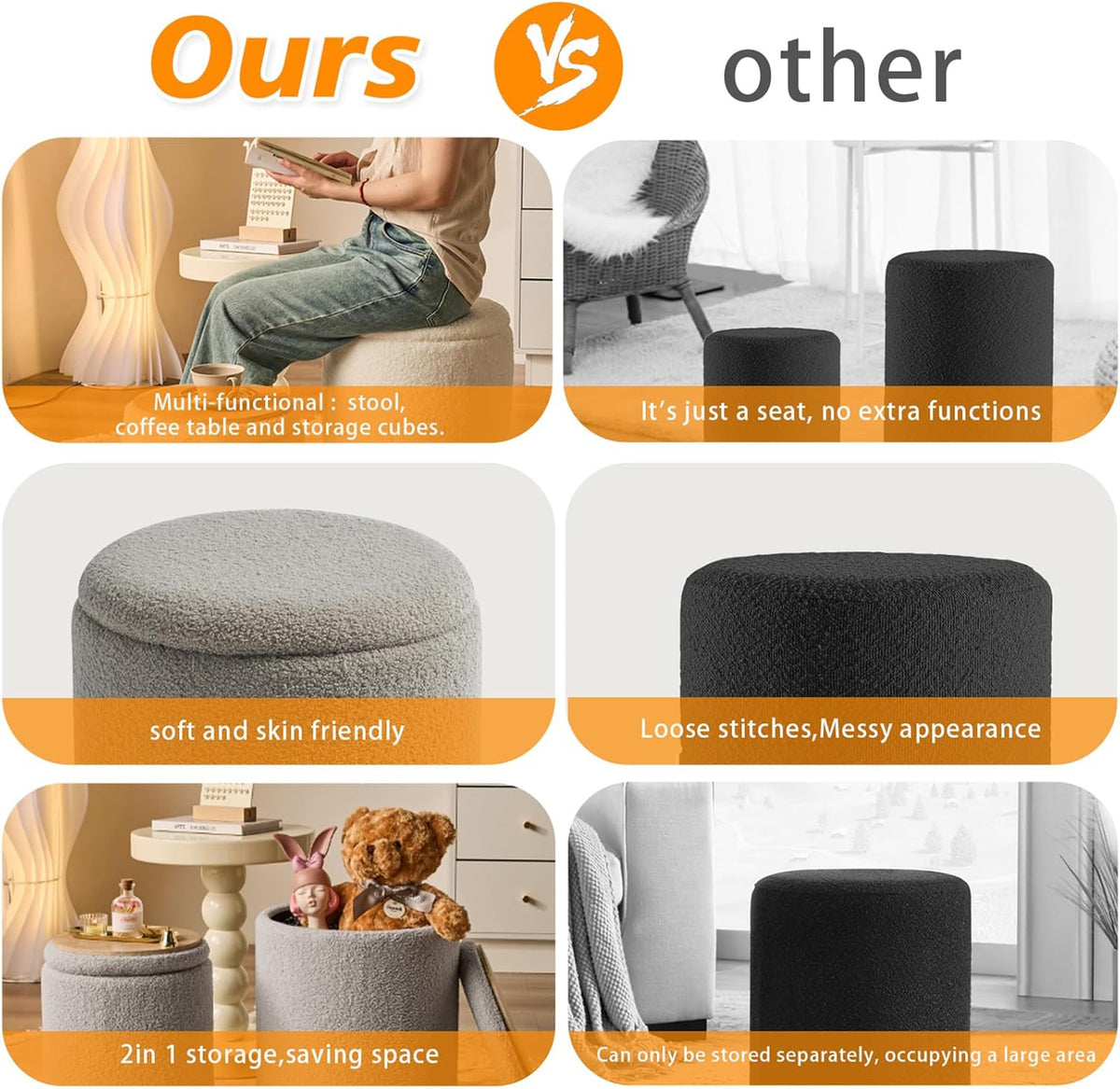 Round Ottoman with Storage Set of 2-Upholstered Sherpa Vanity Stool for Makeup Multifunctional