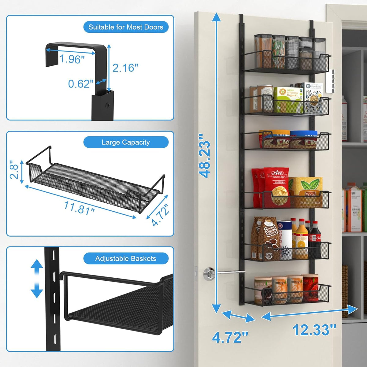 12.3" W Narrow Over the Door Pantry Organizer, 6-Tier Over the Door Organizer with Adjustable
