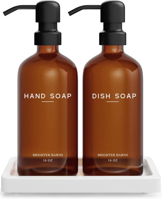 Amber Glass Hand and Dish Soap Dispenser Set by Brighter Barns - Kitchen Soap Dispenser Set with