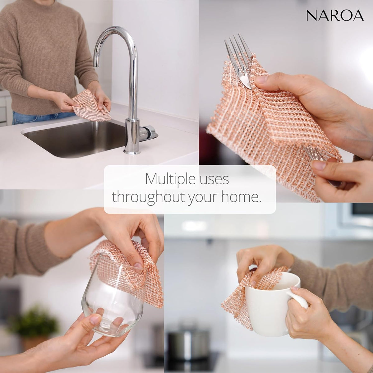 Naroa Copper Scrubbing Pads 3 Pack | 2-Ply Non-Abrasive Metal Mesh Scrubber | Reusable Copper