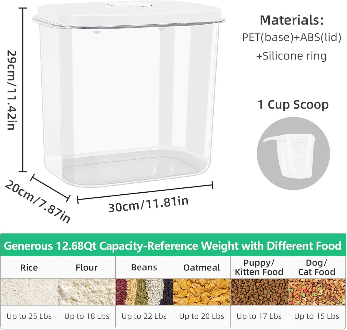 Airtight Rice Container 25 Lbs with Handle and Cup – 12.68Qt Large Flour Sugar Storage Container