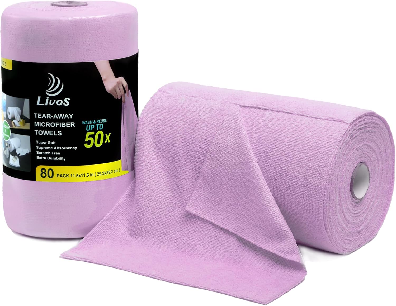LIVOS Microfiber Cleaning Cloth Roll - 80 Pack, Reusable Paper Towels Purple Tear Away Towels