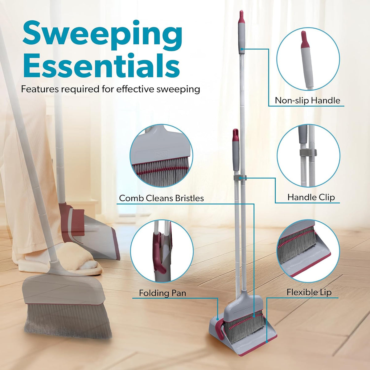 BLACK+DECKER Butler Broom & Dustpan Set - Stand-Up Design - Lightweight, Space-Saving Combo for