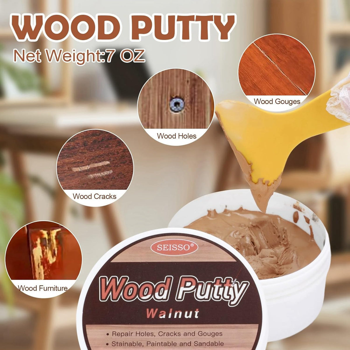 SEISSO Wood Filler, Walnut Wood Putty for Trim, Wood Filler Paintable, Stainable, Water-Based Wood