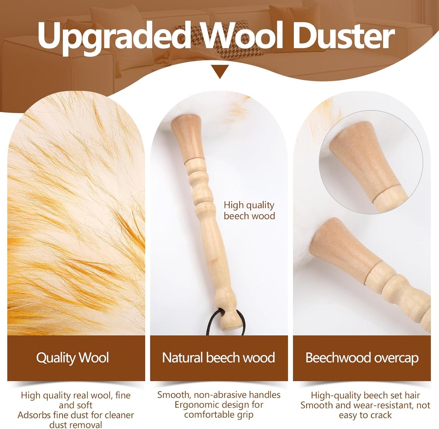 Lambswool Duster for Cleaning with Solid Wooden Handle Leather Hang Strap 19.6 inch Natural Feather