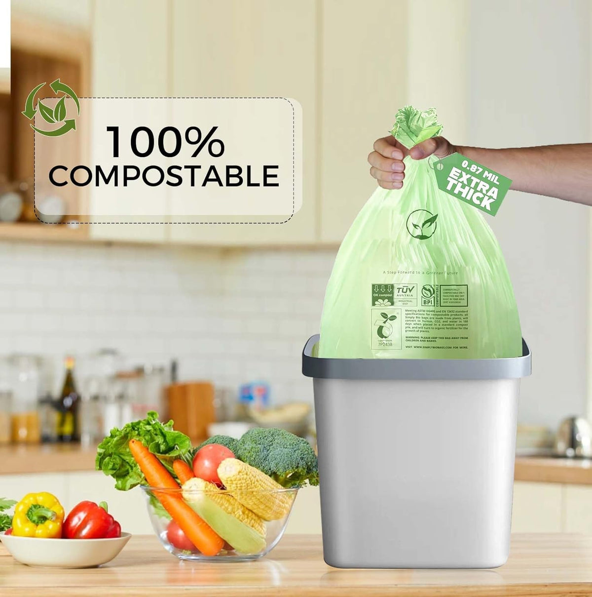 13 Gallon Compostable Trash Bags with Flat-Top, Thick 0.87 Mil, 49.21 Liter, 50 Bags, Tall Kitchen