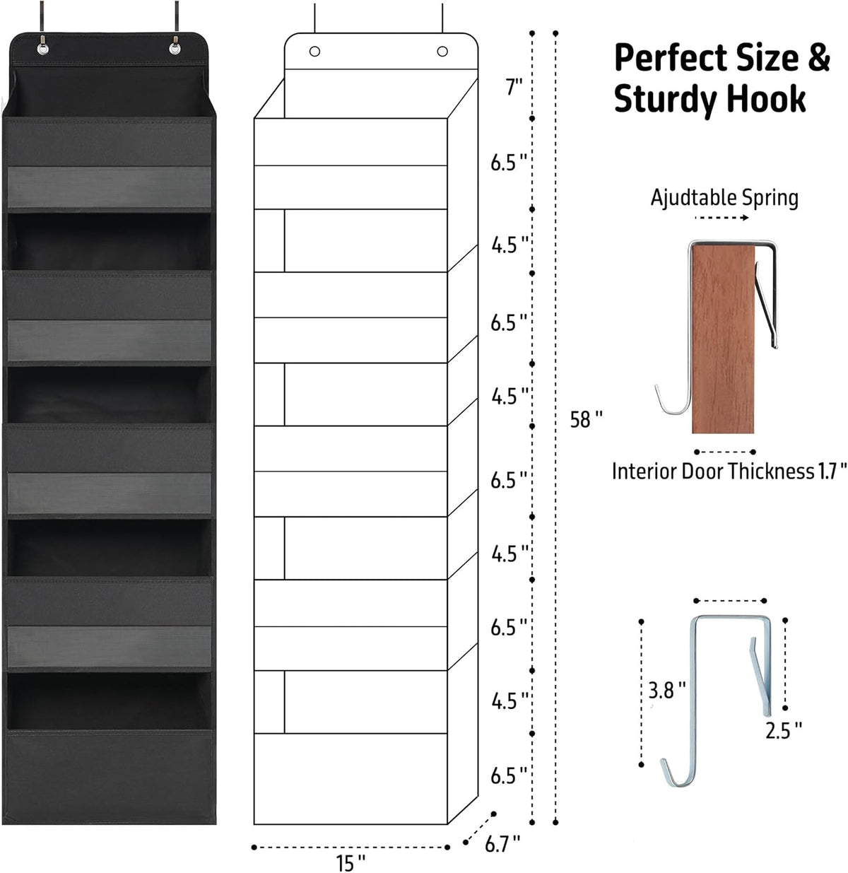 Over Door Organizer with 5 Large Pockets, Heavy Duty Hanging Organizer Storage, Closet Bathroom