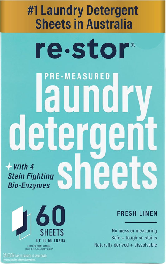restor Laundry Detergent Sheets Fresh Linen 60 Loads | Eco Friendly Plastic Free Travel Laundry