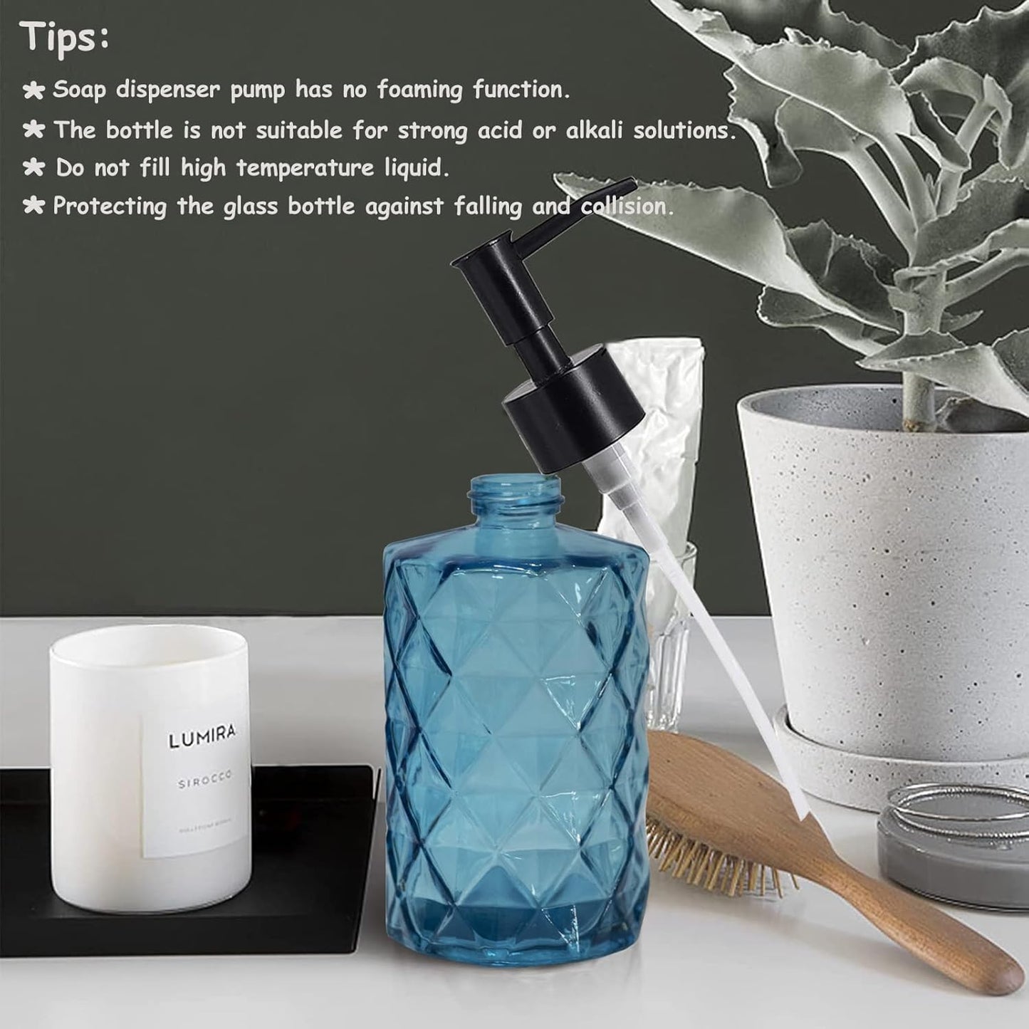 Blue Glass Soap Dispenser with Black Plastic Pump, 12oz Refillable Liquid Hand Soap Dispenser