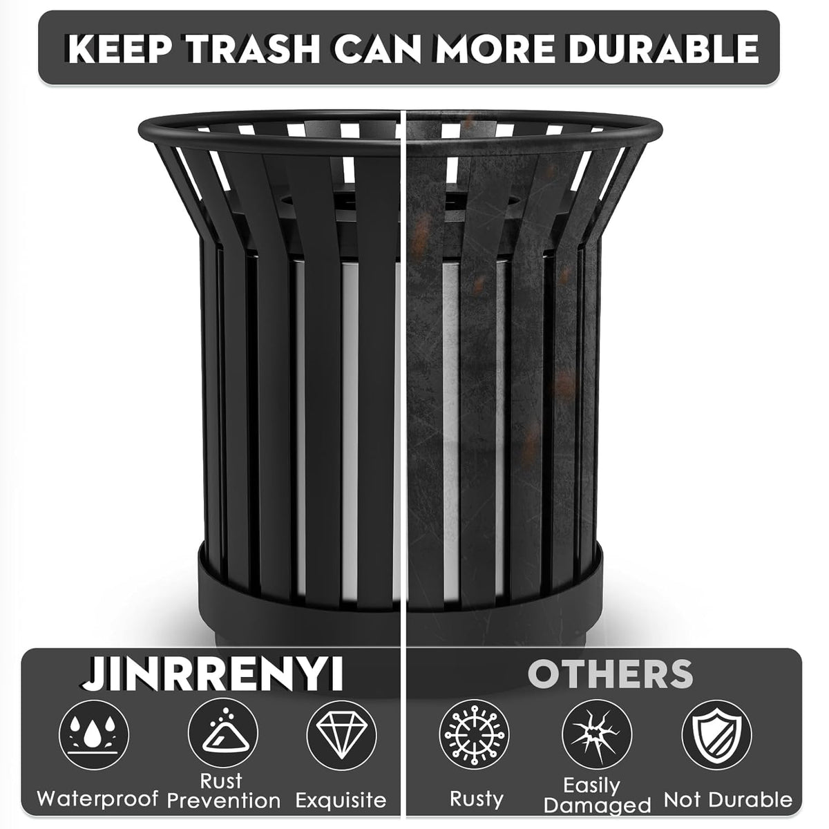 Round Heavy Duty Outdoor Trash Can, Large Metal Slatted Garbage Can for All Weather Resistant