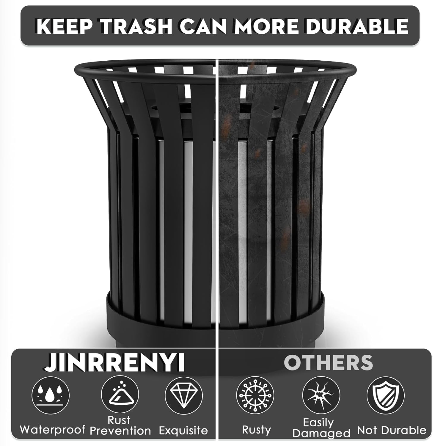 Round Heavy Duty Outdoor Trash Can, Large Metal Slatted Garbage Can for All Weather Resistant