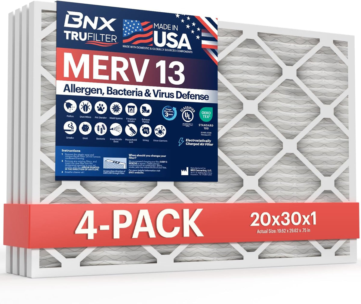 BNX TruFilter 20x30x1 Air Filter MERV 13 (4-Pack) - MADE IN USA - Electrostatic Pleated Air