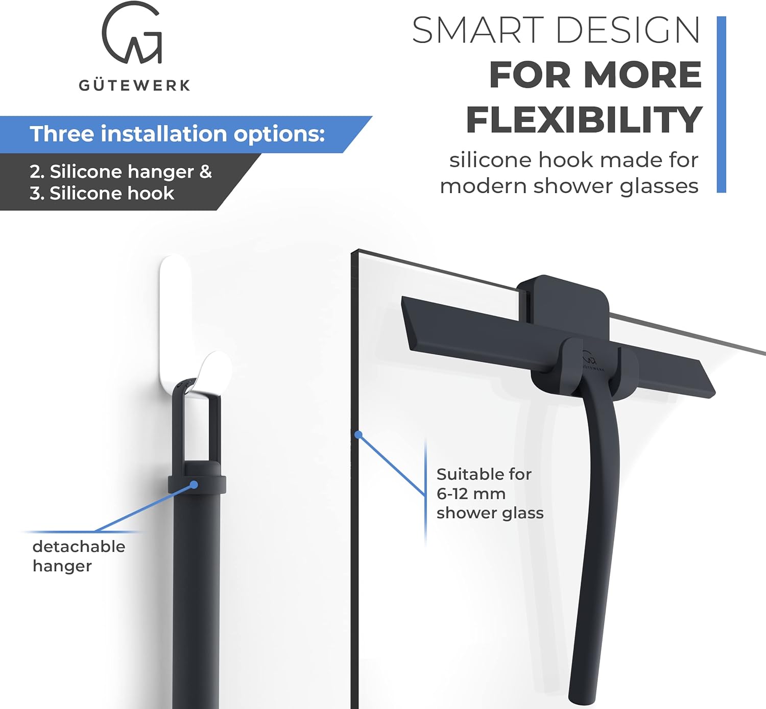 GÜTEWERK Shower Squeegee for Glass Doors, Silicone Window Squeegee, Bathroom and Glass Cleaning