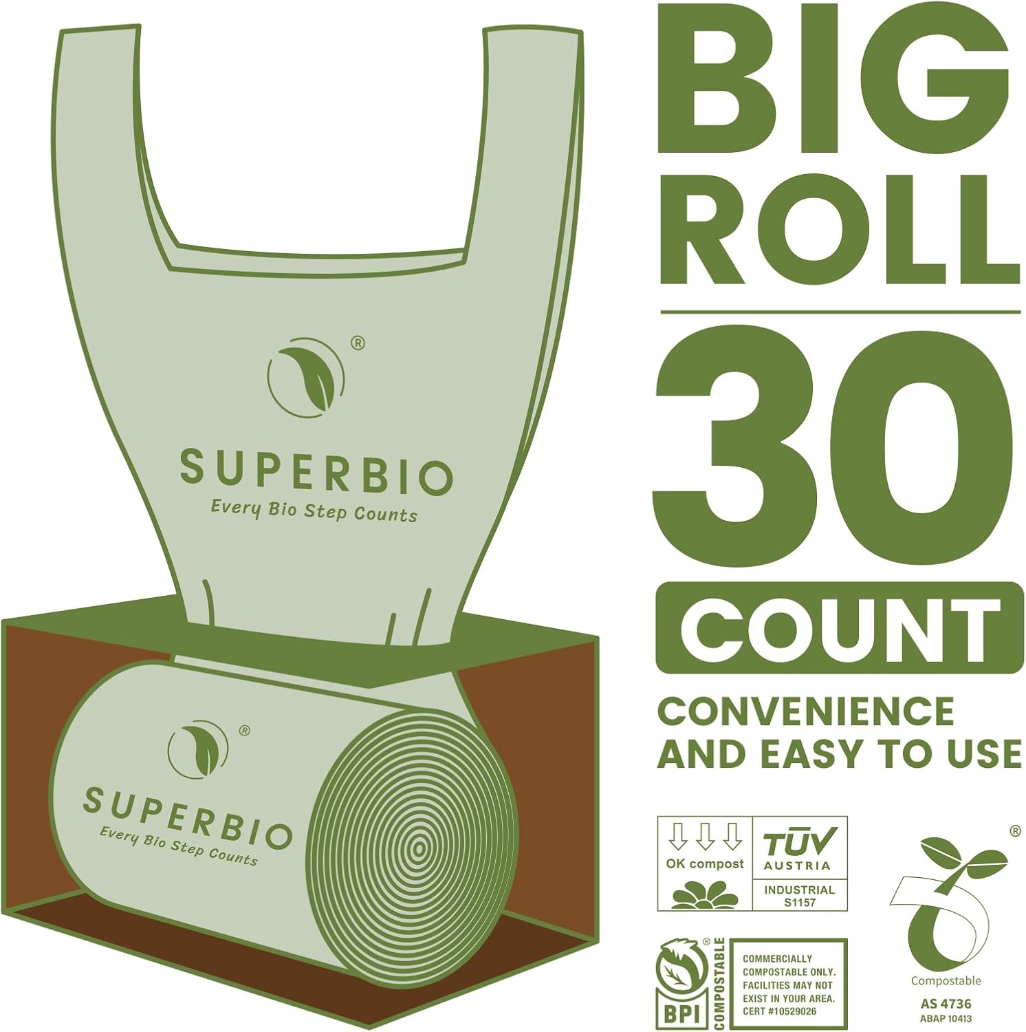 SUPERBIO 13 Gallon Compostable Kitchen Waste Bags with Handles, Food Scrap Bags Certified by BPI
