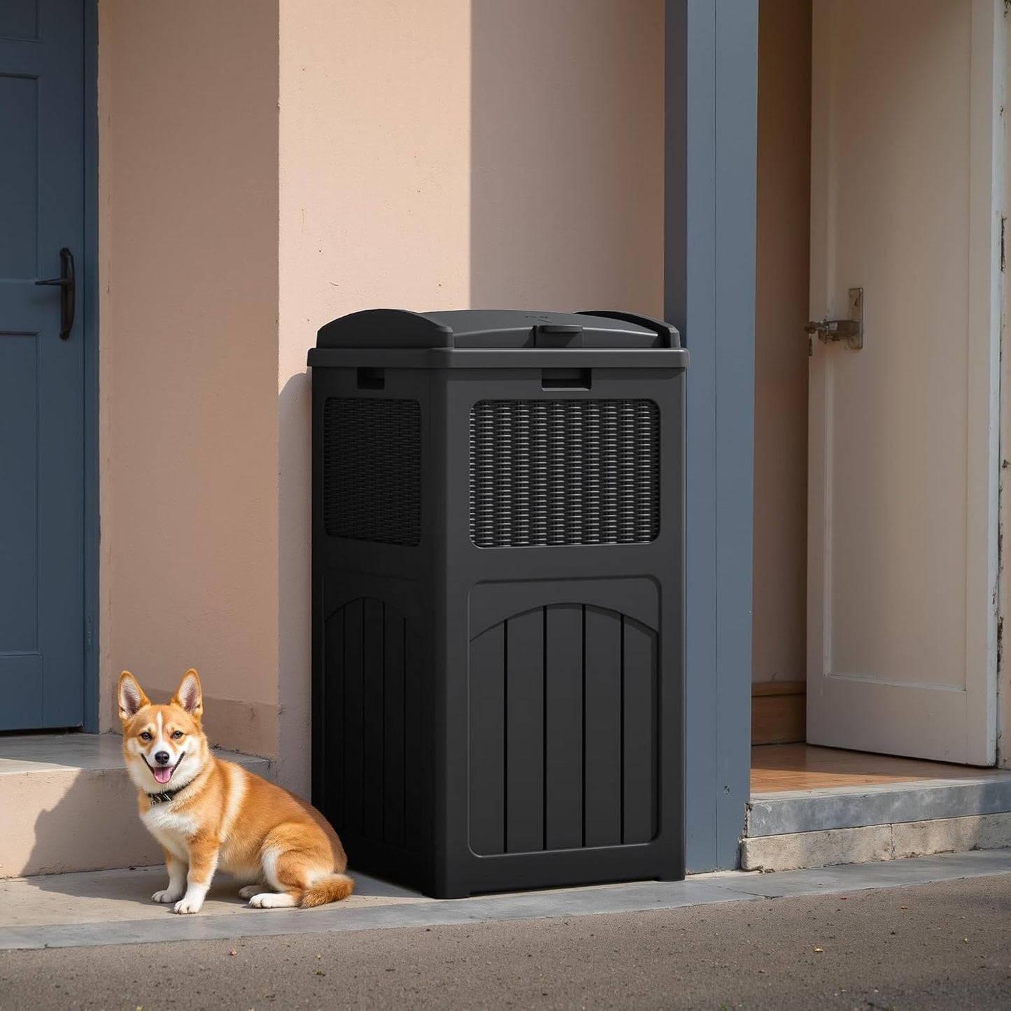 Flamaker 30 Gallon Trash Can, Resin Outdoor Garbage Can with Lid, Waterproof Hideaway Patio Waste