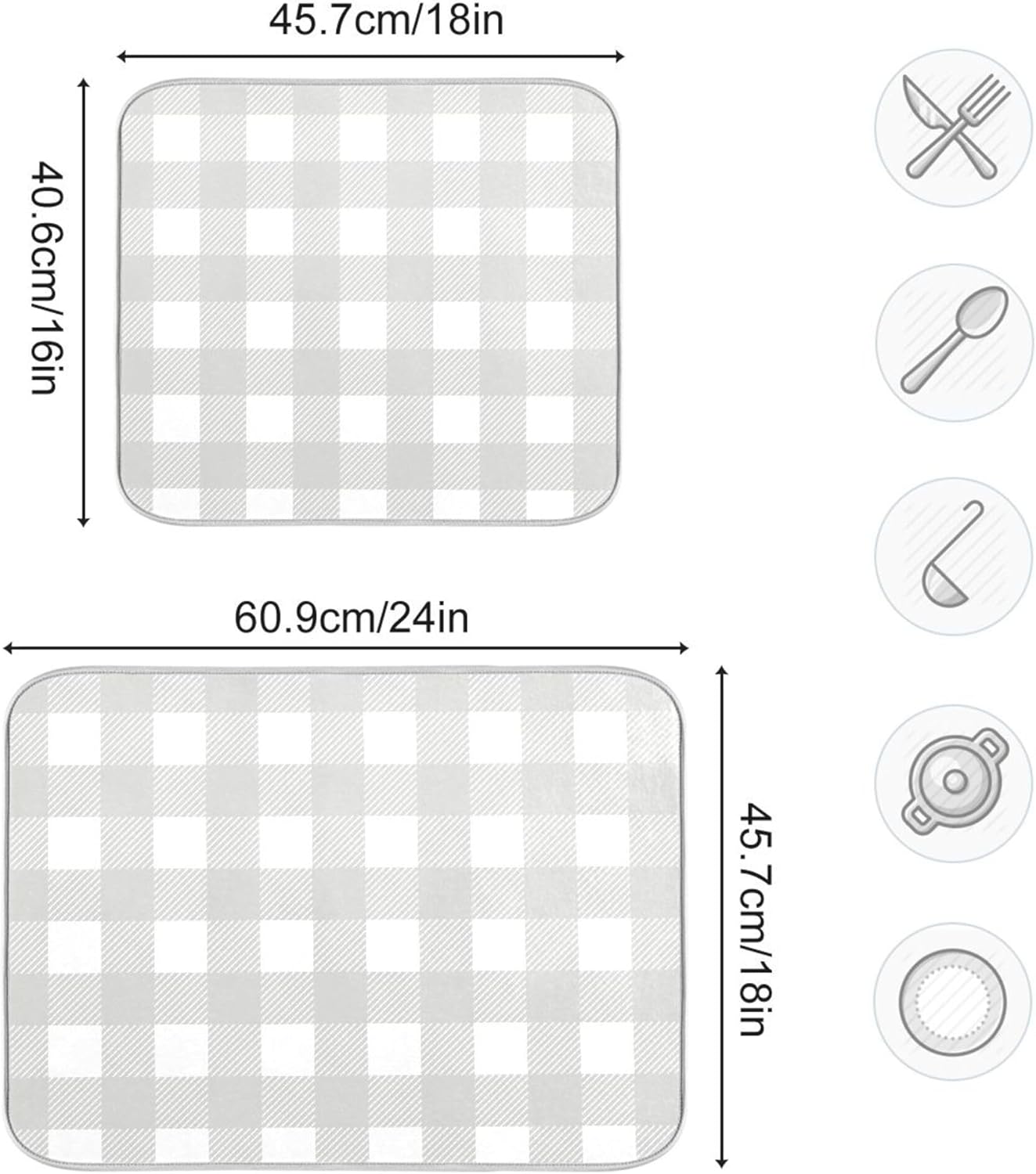 Buffalo Plaid Gray White Dish Drying Mat for Kitchen Countertop 18x24 Chessboard Rectangle Large