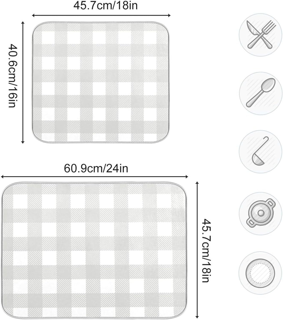 Buffalo Plaid Gray White Dish Drying Mat for Kitchen Countertop 16x18 Chessboard Rectangle Small