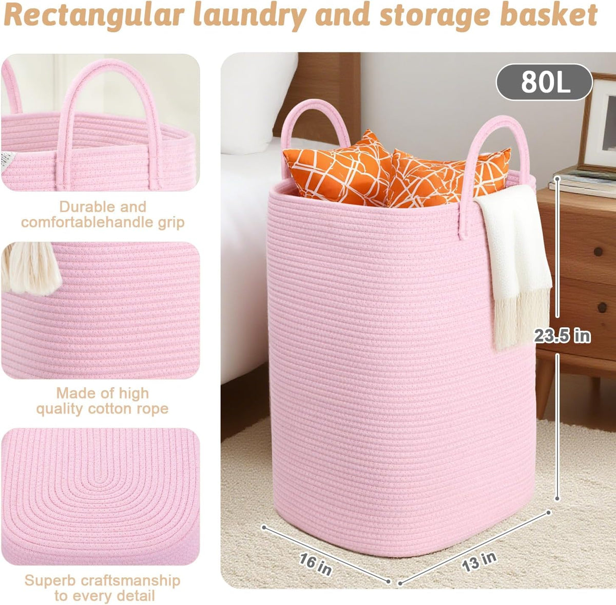 Laundry Basket,Woven Cotton Rope Laundry Hamper,80L Versatile Storage for Dirty Clothes,Baby