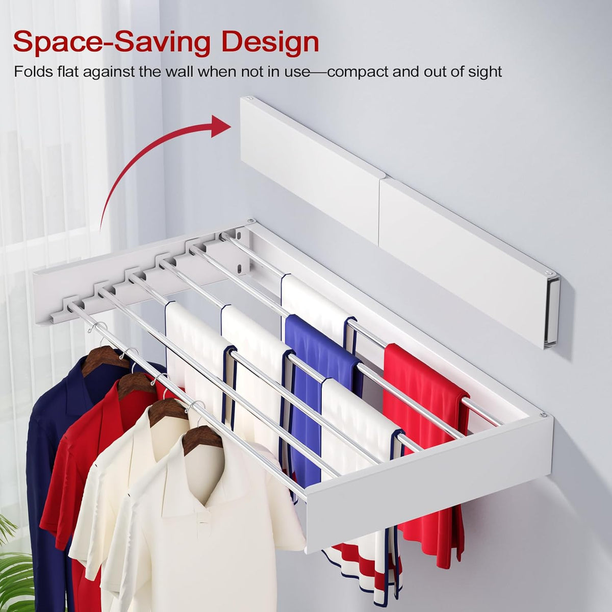 Wall Mounted Drying Rack 40", Foldable Laundry Drying Rack with Stainless Steel Rods, Retractable