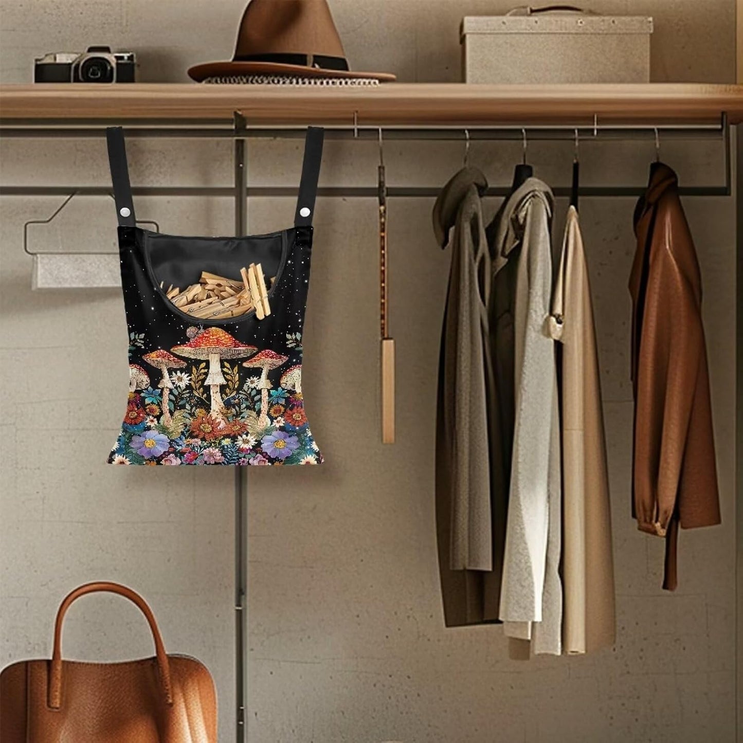 Mushroom Clothespin Storage Hanger Bags Laundry Clothespin Bag, Clothespin Bag with a Large