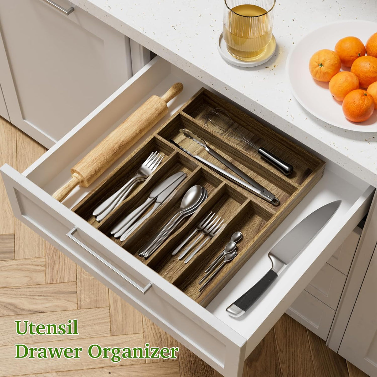 Acacia Wood Silverware Drawer Organizer, Kitchen Utensil Cutlery Drawer Organizer with Grooved