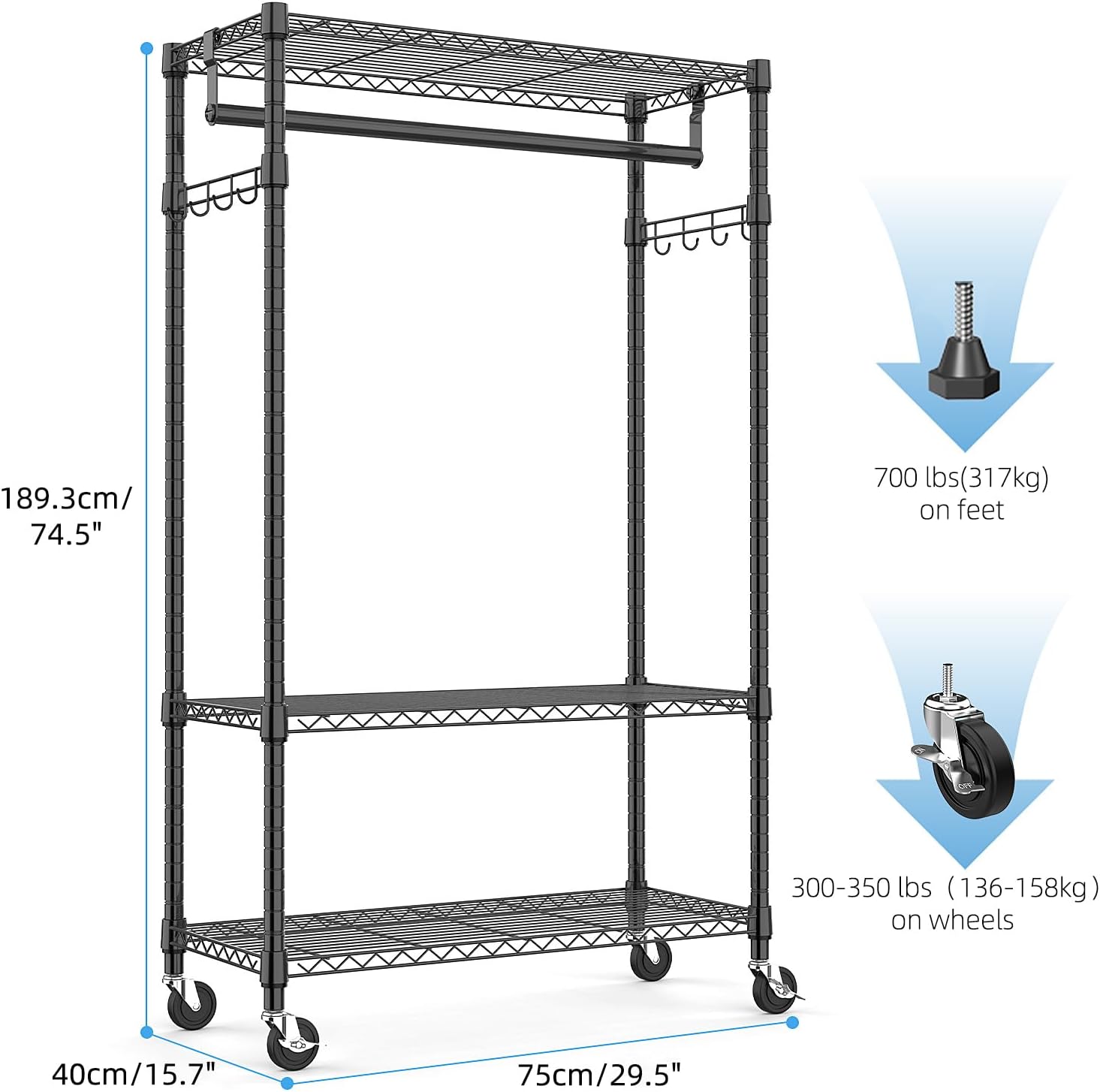 Heavy Duty Rolling Garment Rack 3 Tiers Adjustable Wire Shelving Clothes Rack with Rods and Side