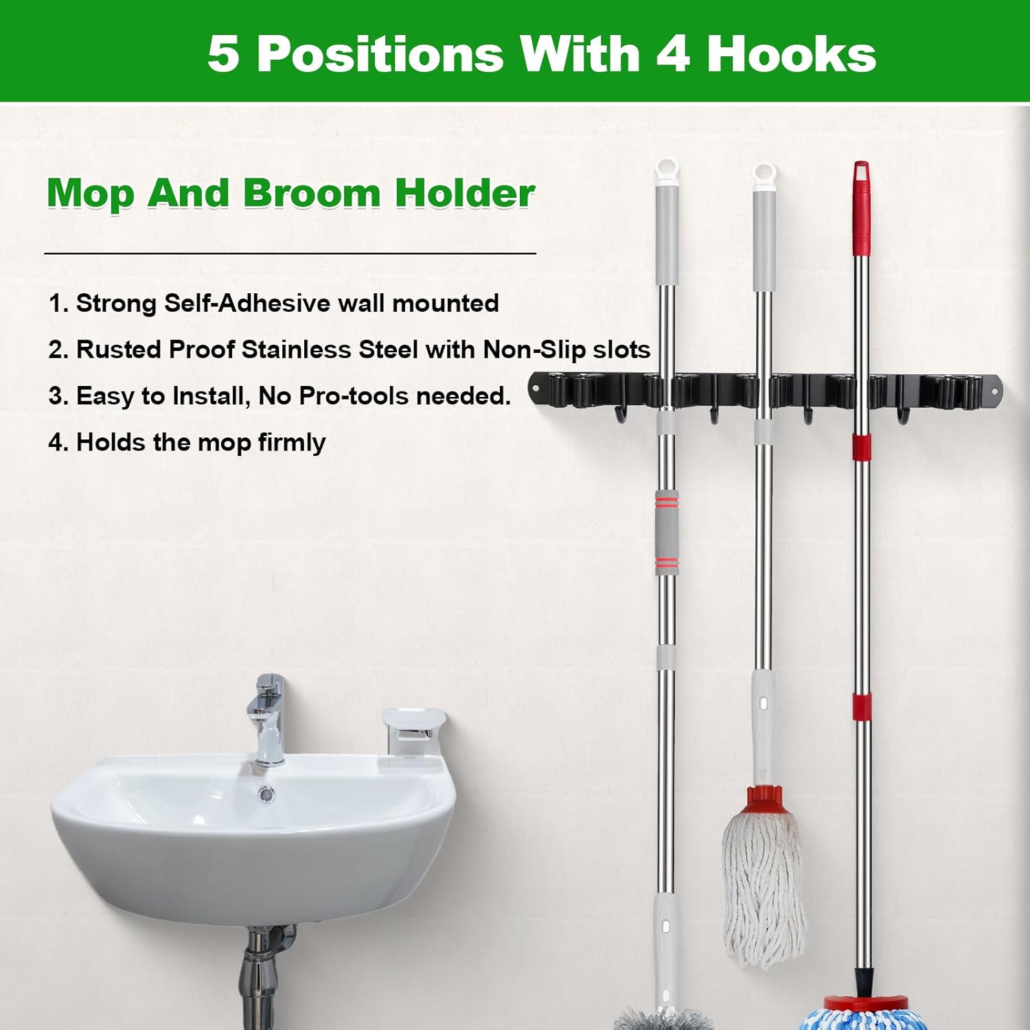 voze [2 Pack] 5 Racks and 4 Hooks Mop and Broom Holder Wall Mount, Self Adhesive Heavy Duty Broom