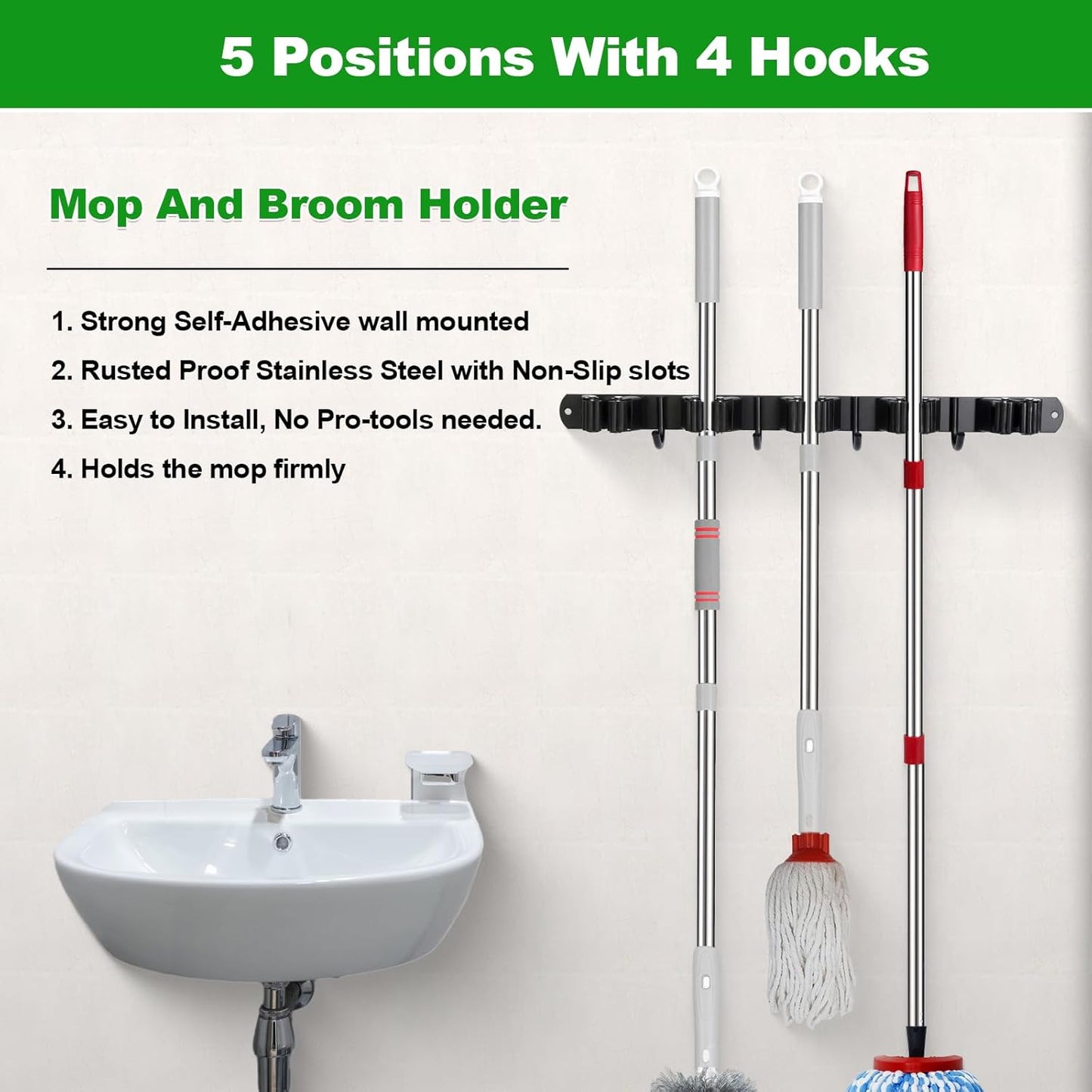 voze 5 Racks and 4 Hooks Mop and Broom Holder Wall Mount, Self Adhesive Heavy Duty Broom Hanger