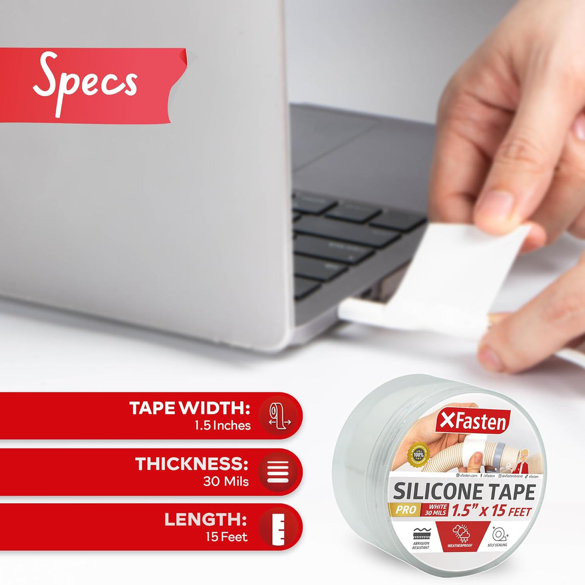 XFasten Self-fusing Silicone Tape Pro, White, 1.5-Inch x 15-Feet, 30mils Heavy-Duty Plumbing Tape