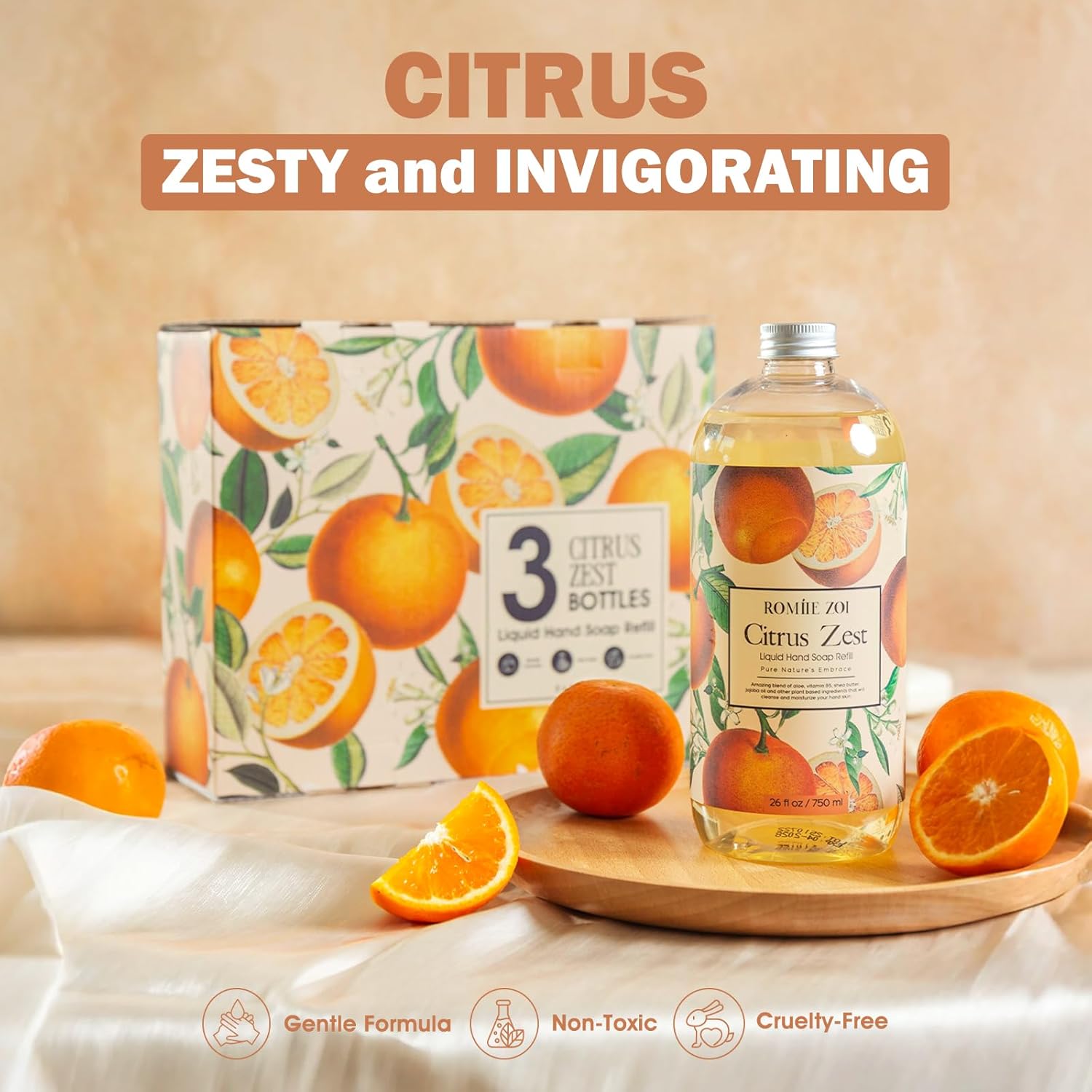 ROMIIE ZOI Liquid Hand Soap Refill Gift Set – 3 Pack (26 Fl Oz Each), Citrus Zest Scent