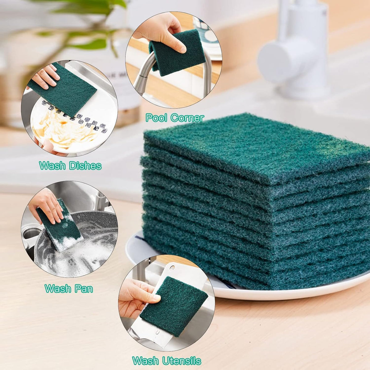 Heavy Duty Scour Pads Sponge Dish Scrubber Non-Scratch Green Reusable Household Scrub Pads for