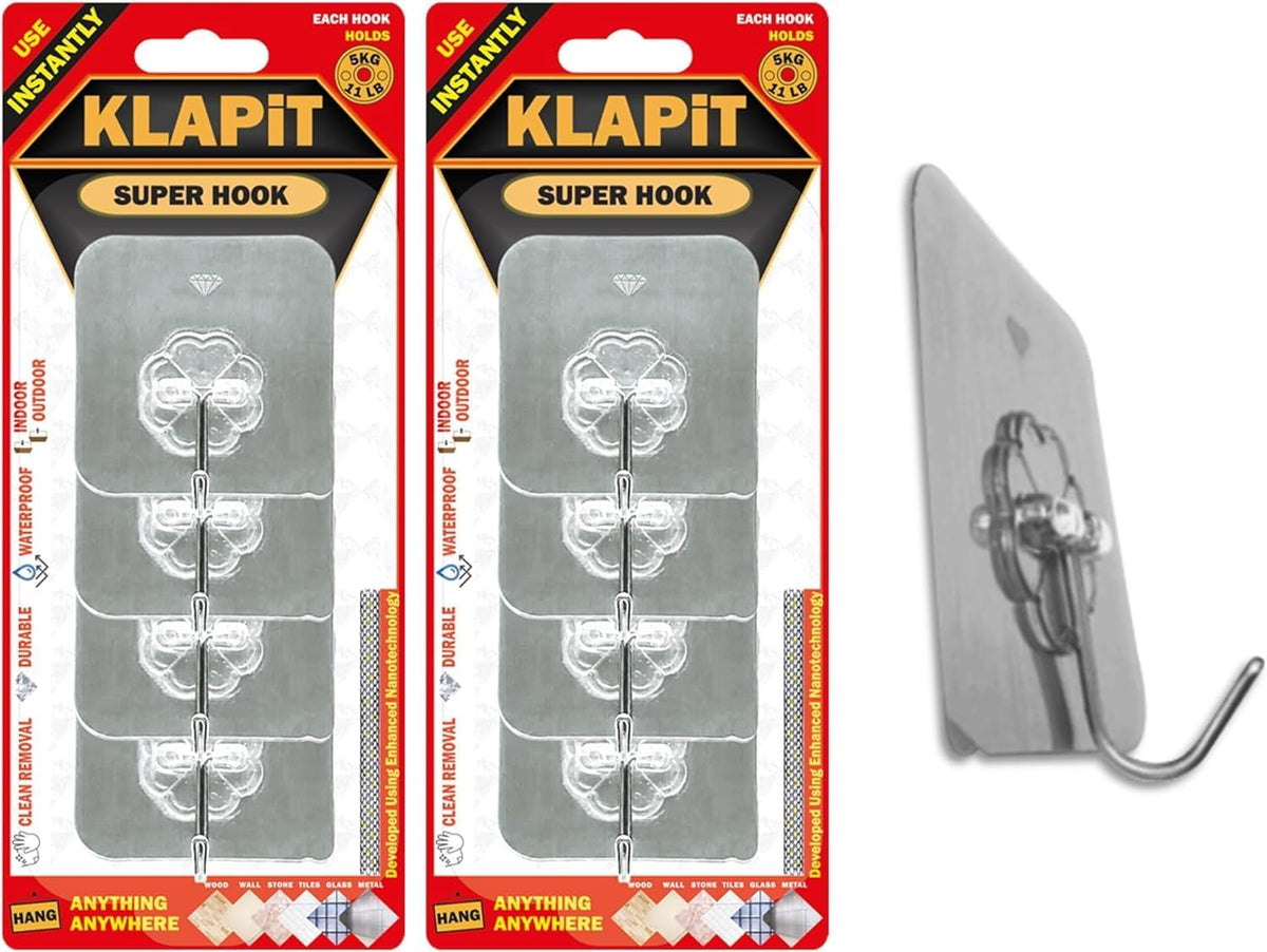 KLAPiT Super Hook - Heavy-Duty Adhesive Wall Hooks, Holds Up to 11 lbs, Waterproof, No Damage, Easy