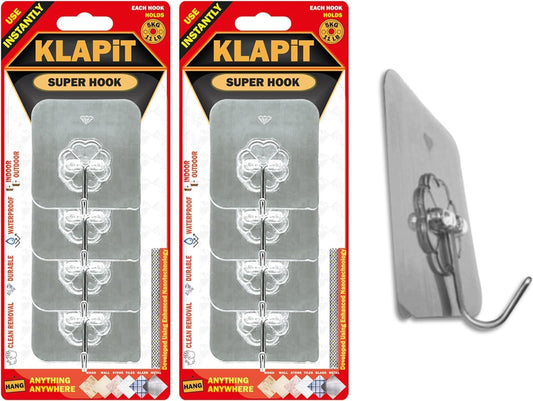 KLAPiT Super Hook - Heavy-Duty Adhesive Wall Hooks, Holds Up to 11 lbs, Waterproof, No Damage, Easy