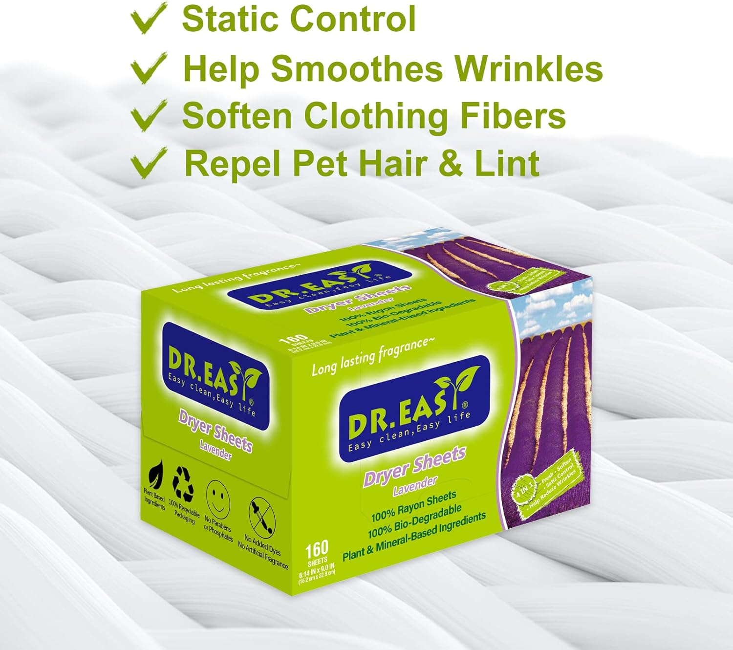 Dr.Easy Dryer Sheets Lavender Plant Based all ingredients for Sensitive Skin 160 Ct 100% Rayon