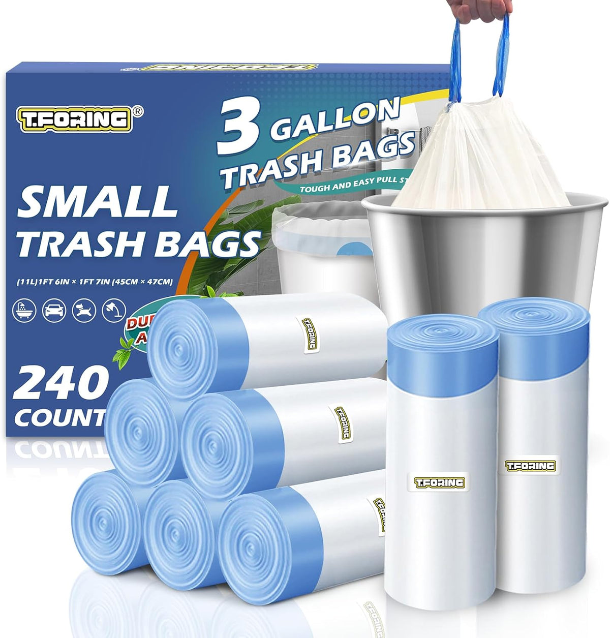 240 Count 3 Gallon Trash Bags Drawstring - 12 Liter Small Garbage Bags for Bathroom, 0.96 Mil