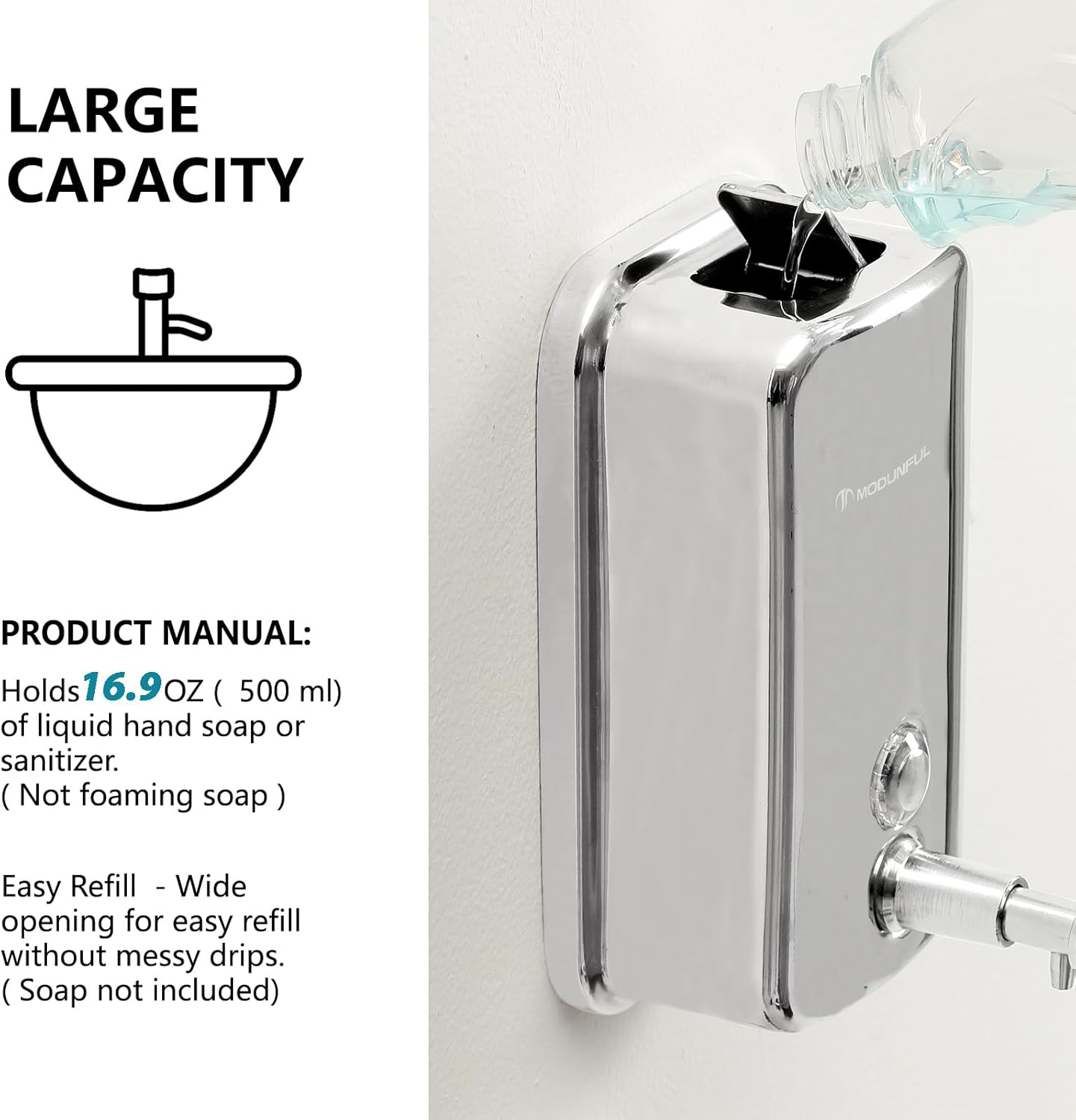 Stainless Steel Soap Dispenser for Home – 16.9oz Wall Mount, Anti-Leak Pump, Brushed Nickel Finish