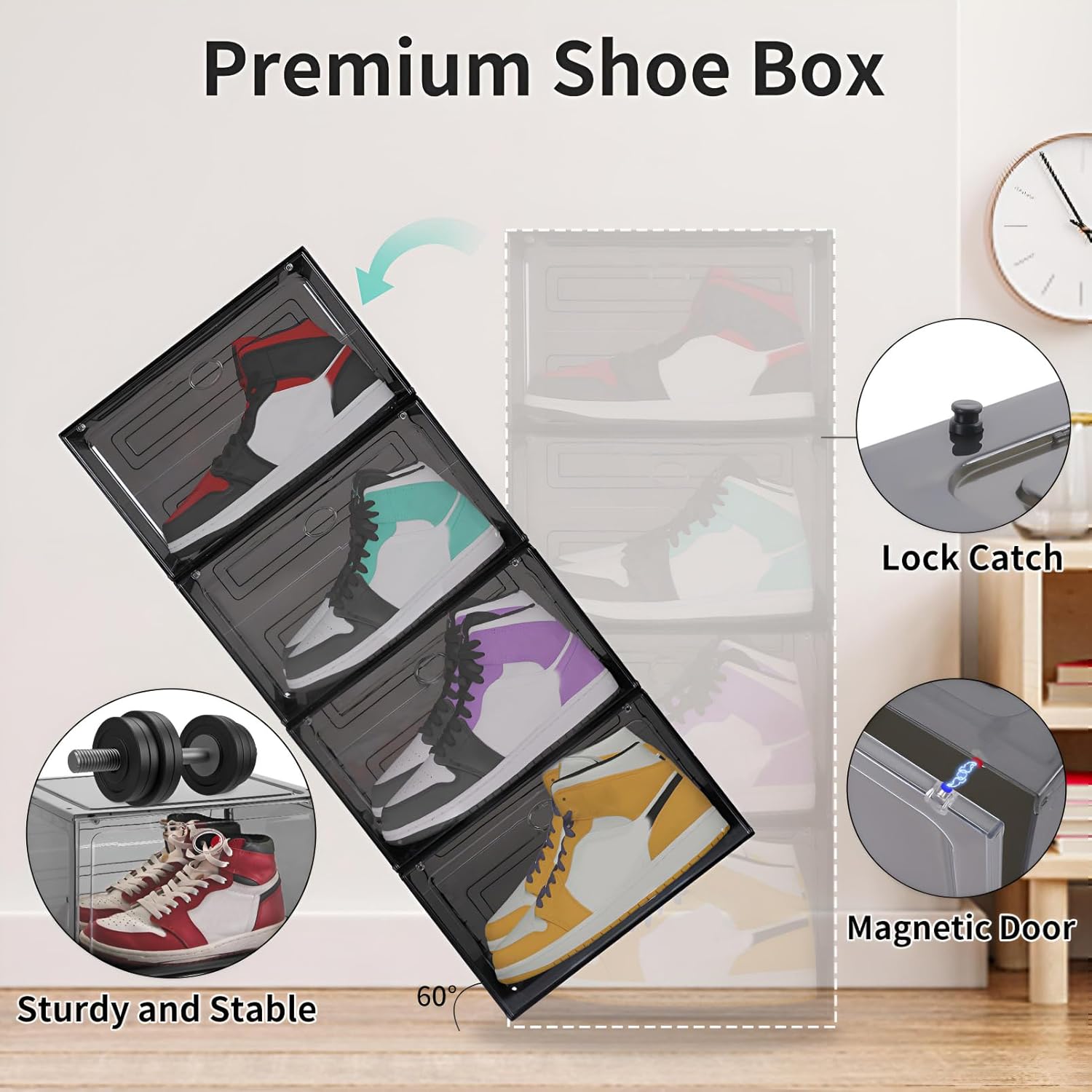 Large Shoe Boxes Clear Plastic Stackable, 8 Pack Drop Side Shoe Storage Boxes with Magnetic Door
