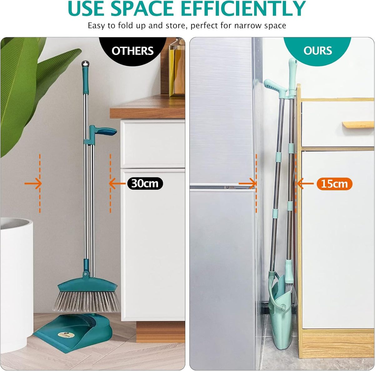 XXXFLOWER Broom and Dustpan Set with Cleaning Teeth, 55" Long Handle Indoor Sweeping Combo for Home