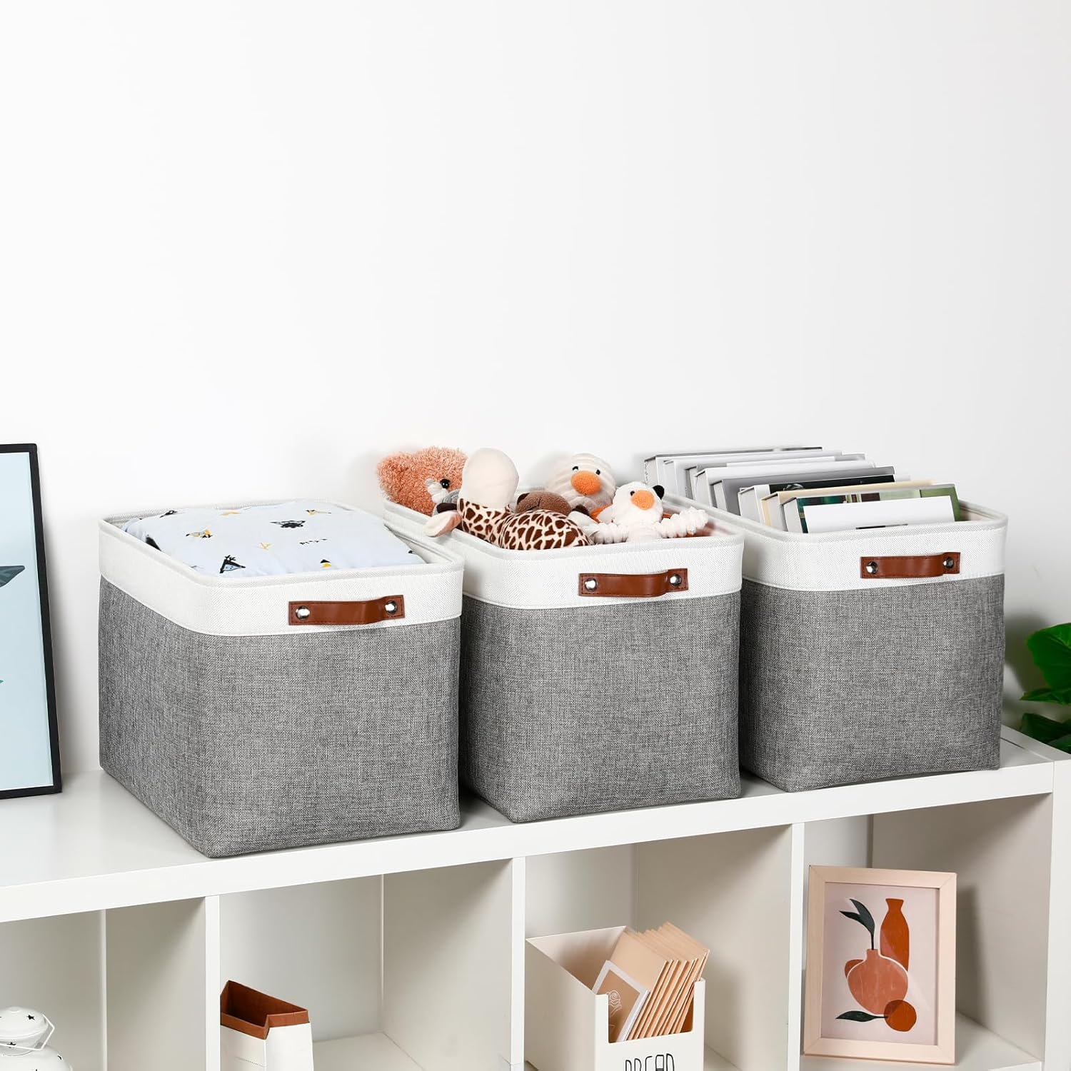 DULLEMELO Large Storage Baskets, Fabric Storage Basket with Leather Handles for Shelves Closet