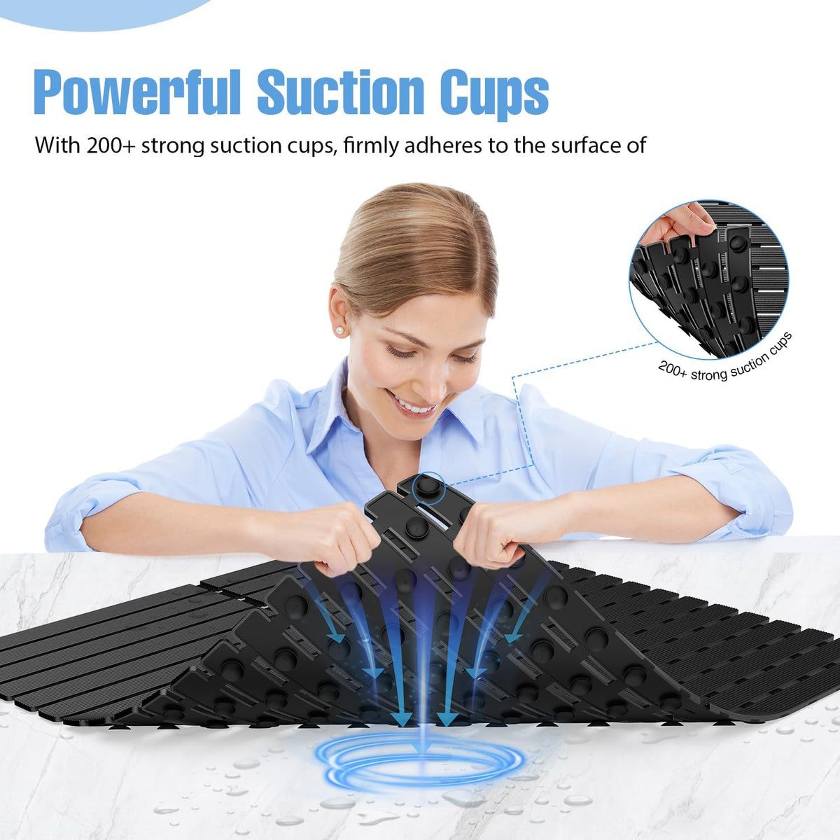 Shower Mat Non-Slip Bath Mat for Tub Floor & Stall with 200+ Suction Cups & Drain Holes, Quick Dry