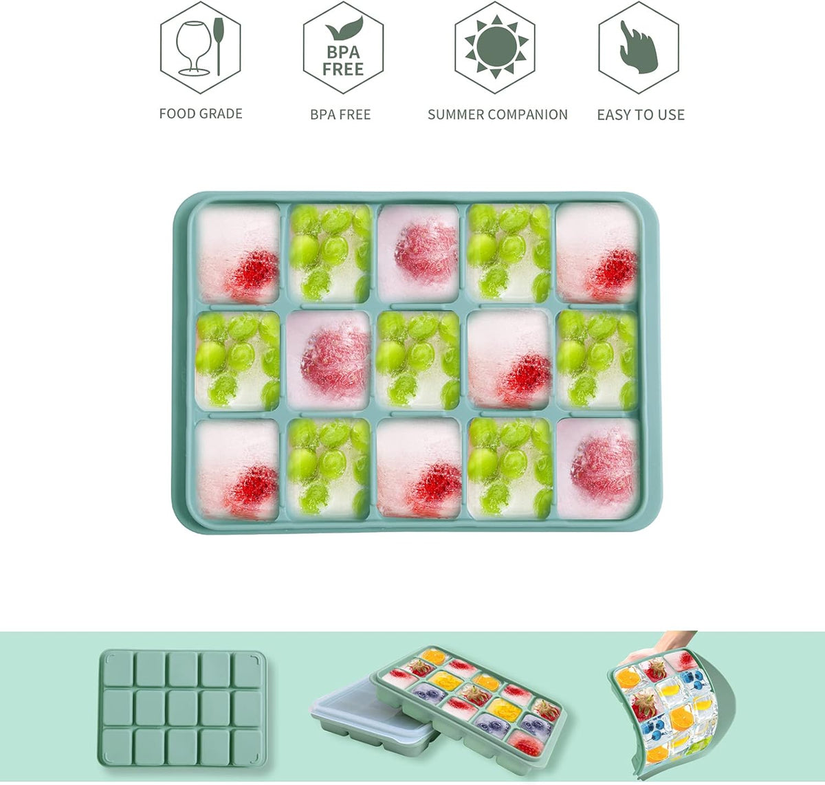 Ice Cube Trays Set of 2, Easy Release 15 Flexible Silicone Ice Cube Molds with Removable Lid