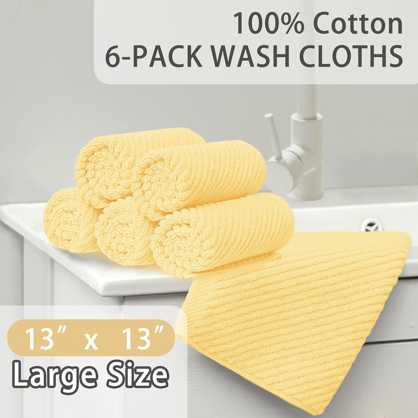 VOOVA & MOVAS Washcloths 6 Pack, 13"x13" - 100% Cotton | Lightweight | Thick | Quick Dry | Soft |