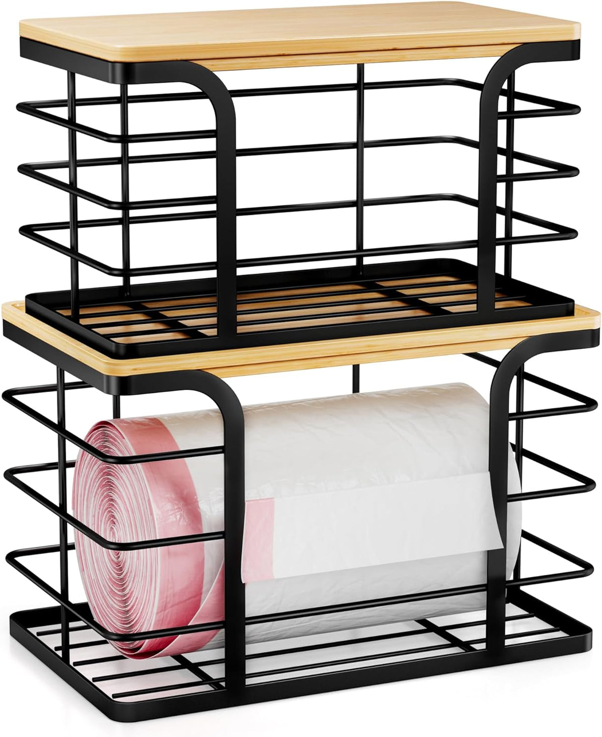 2 Pack Stackable Storage for Kitchen Laundry Pantry Organizers,Trash Bag Holder with Bamboo