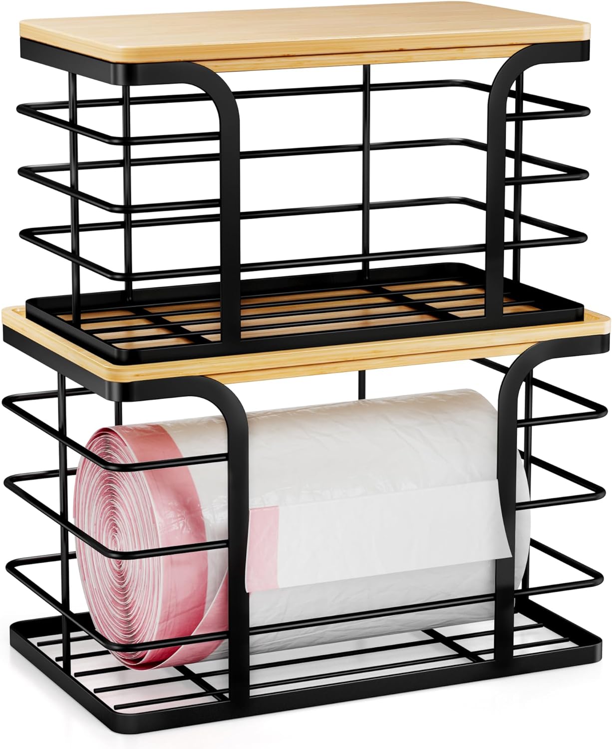 2 Pack Stackable Storage for Kitchen Laundry Pantry Organizers,Trash Bag Holder with Bamboo