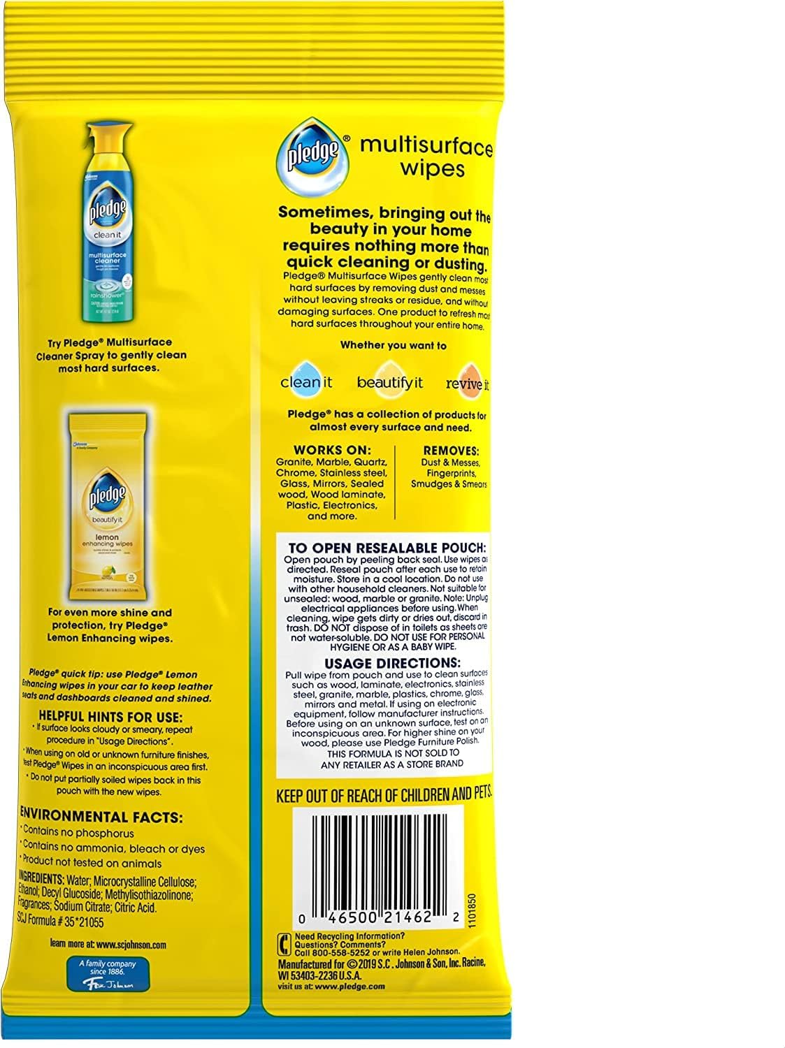 Pledge Multi-Surface Furniture Polish Wipes, Works on Wood, Granite, and Leather, Cleans and